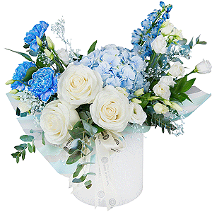 Blue/purple hydrangea - 3, Blue carnation - 5, White rose 50 cm - 5, lisianthus - 4, Colored gypsophila - 2, Round flower box small , Oasis, Wrapping Paper, Ruscus, Eucalyptus Cinerea, Blue Delphinium