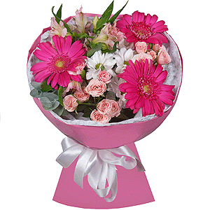 Bacardi White Spray Chrysanthemum - 2, Bright pink spray rose mix, 50 cm - 3, Alstromeria white, soft pink - 3, Gerbera pink - 5, Eucalyptus Cinerea, Wrapping Paper