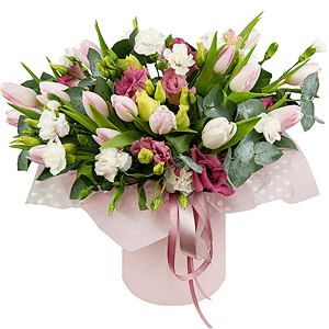 Pink tulip - 23, Pink Lisianthus (Eustoma) - 5, White spray carnation - 6, Round flower box small , Oasis, Wrapping Paper, Eucalyptus Cinerea