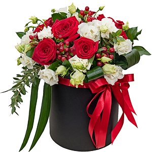 Red rose 50 cm - 15, lisianthus - 8, Round flower box medium, Oasis, Film, Ruscus, Aspidistra (1 pc.), Hypericum, Eucalyptus parvifolia (1 pc.), Ribbon