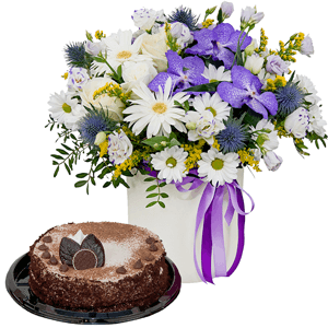 Vanda Orchid bud - 4, Gerbera white - 3, White rose 50 cm - 5, Bacardi White Spray Chrysanthemum - 5, Lilac carnation - 4, lisianthus - 7, Round flower box medium, Oasis, Oasis, Film, Pistachio, Flask for orchids, Aspidistra (1 pc.), Eryngium, Solidago (1 pc.), Ribbon, Cake in assortment
