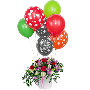 Red rose 50 cm - 11, Pink Cymbidium Orchid Bud - 11, lisianthus - 7, Round flower box medium, Film, Oasis, Eucalyptus Cinerea, Flask for orchids, Aspidistra (1 pc.), Helium Balloon (1 pc.), Ruscus italian, Ribbon