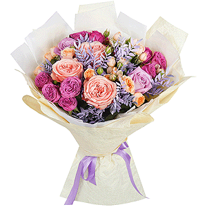 Peony rose Kahala 50 cm - 5, Pink rose 50 cm - 4, Bright pink spray rose mix, 50 cm - 8, Wrapping Paper, Pistachio