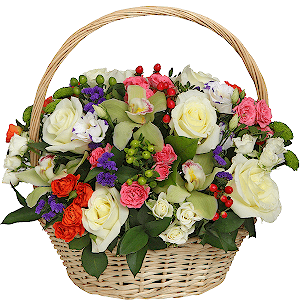 Green Cymbidium Orchid Bud - 5, White rose 50 cm - 11, Bright pink spray rose mix, 50 cm - 5, Purple Lisianthus (Eustoma) - 4, Athos pom Feeling Green - 3, Spray rose: white, cream, light pink 50 cm - 5, Spray rose: yellow, orange 50 cm - 5, Blue Statice, Hypericum, Ruscus, Pistachio, Oasis, Large Basket