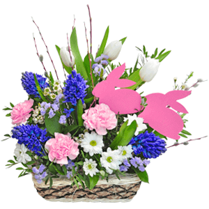 Blue Hyacinth - 8, Carnation white, cream - 5, Tulip white - 5, Ceramic pot, Blue Statice, Oasis, Ruscus, Pistachio, Bunch of willows, Figurine Easter Bunny (1 pc.), Small Basket