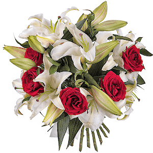 Lilies - 4, Red rose 50 cm - 7, Ruscus, Ribbon