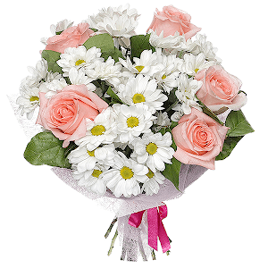 Bacardi White Spray Chrysanthemum - 4, Pink rose 50 cm - 7, Salal, Felt, Ribbon