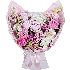 Lilac rose Bounty Way, 50 cm - 3, Pink rose 50 cm - 3, Lilac carnation - 5, Baltica White Spray Chrysanthemum - 3, lisianthus - 1, Pink Matthiola - 2, Pink Lisianthus (Eustoma) - 2, Pistachio, Wrapping Paper