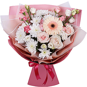 Gerbera pink - 2, Baltica White Spray Chrysanthemum - 3, Spray rose: white, cream, light pink 50 cm - 3, Pink spray carnation - 2, lisianthus - 2, Rose Cream 50 cm - 4, Wrapping Paper
