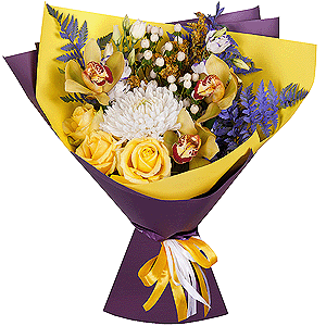 Magnum White Chrysanthemum - 2, Orchid bud yellow/brown Cymbidium - 3, Purple Lisianthus (Eustoma) - 4, Yellow rose 50 cm - 4, Flask for orchids, Hypericum, Solidago (1 pc.), Fern (1 pc.), Wrapping Paper