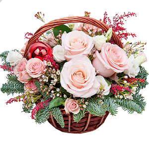 Pink rose 50 cm - 3, Bright pink spray rose mix, 50 cm - 4, lisianthus - 3, Carnation white, cream - 4, Small Basket, Spruce branches (1pc.), Oasis, Solidago (1 pc.), Waxflower (1 pc.), Christmas decor (set)