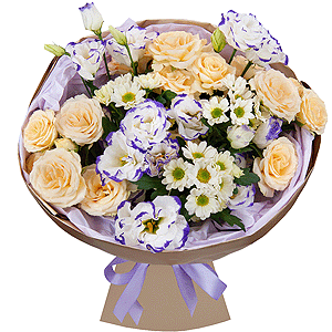 Spray rose: white, cream, light pink 50 cm - 4, Santini White Spray Chrysanthemum - 5, Purple Lisianthus (Eustoma) - 4, Wrapping Paper