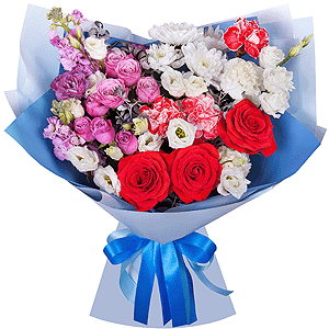 Baltica White Spray Chrysanthemum - 2, Peony sprayrose - 2, Red rose 50 cm - 5, Carnation red - 3, Matthiola Lilac - 2, lisianthus - 2, Carnation spray - 3, Carnation white, cream - 2, Pistachio, Wrapping Paper, Ribbon