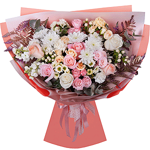 Baltica White Spray Chrysanthemum - 3, Santini White Spray Chrysanthemum - 3, Spray rose: white, cream, light pink 50 cm - 2, Carnation white, cream - 3, Peony sprayrose - 3, White Matthiola - 2, Pink rose 50 cm - 4, White rose 50 cm - 3, Rose Cream 50 cm - 3, Hypericum, Eucalyptus Cinerea, Pistachio, Fern (1 pc.), Wrapping Paper