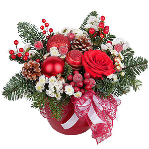 Red rose 50 cm - 1, Athos poms Stallion - 2, Ceramic pot, Oasis, Spruce branches (1pc.), Christmas decor (set), White statice, Hypericum, Ribbon