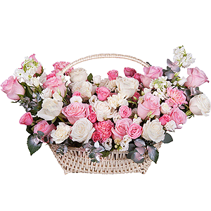 White Matthiola - 3, Pink rose 50 cm - 19, White rose 50 cm - 16, Pink carnation - 6, lisianthus - 6, Spray rose: white, cream, light pink 50 cm - 7, Carnation white, cream - 5, Large Basket, Oasis, Eucalyptus Cinerea