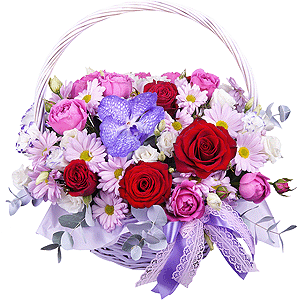Vanda Orchid bud - 2, Bacardi Pink Spray Chrysanthemum - 4, Spray peony rose Misty Bubbles, 50 cm - 3, Purple Lisianthus (Eustoma) - 4, Red rose 50 cm - 7, Medium Basket, Oasis, Eucalyptus Cinerea, Flask for orchids, Aspidistra (1 pc.), Pistachio, Ribbon