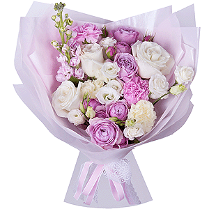 Carnation white, cream - 4, Spray peony rose Misty Bubbles, 50 cm - 3, White rose 50 cm - 5, lisianthus - 4, Matthiola Lilac - 2, Pink carnation - 4, Wrapping Paper