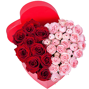 Red rose 50 cm - 15, Peony sprayrose - 7, Heart‑shaped box for arrangements, Oasis