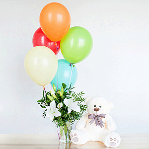 Lilies - 3, Pistachio, Ruscus, Ribbon, Taddy Bear 45 cm, Helium Balloon (1 pc.)