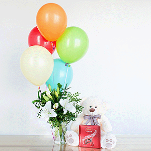 Lilies - 3, Pistachio, Ruscus, Ribbon, Taddy Bear 45 cm, Lindt Candy Box, Helium Balloon (1 pc.)