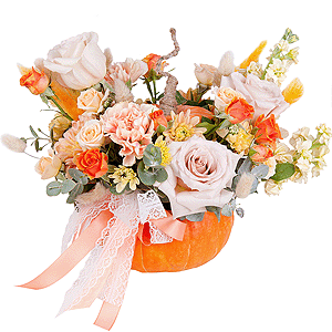 Rose Powder 50 cm Ecuador (Quicksand, Menta) - 4, White Matthiola - 2, Carnation white, cream - 5, Spray rose: white, cream, light pink 50 cm - 3, Baltica Yellow Spray Chrysanthemum - 2, Pumpkin medium (d 20-25 cm), Oasis, Eucalyptus Cinerea, Ribbon
