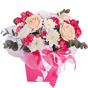 Rose Cream 50 cm - 3, Baltica White Spray Chrysanthemum - 3, Bright pink spray rose mix, 50 cm - 4, Composition Box, Oasis, Eucalyptus Cinerea, Wrapping Paper