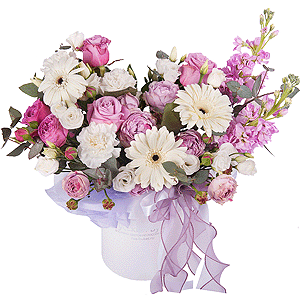 Gerbera white - 5, Pink Matthiola - 2, Spray peony rose Lavander, 50 cm - 4, Pink rose 50 cm - 7, Carnation white, cream - 7, lisianthus - 3, Round flower box small , Oasis, Wrapping Paper, Eucalyptus