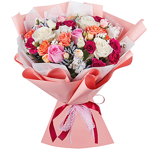 White rose 50 cm - 7, Pink rose 50 cm - 5, Spray rose: white, cream, light pink 50 cm - 4, lisianthus - 2, Bright pink spray rose mix, 50 cm - 4, Spray rose: yellow, orange 50 cm - 3, White statice, Pistachio, Wrapping Paper