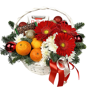 Gerbera red - 3, Baltica White Spray Chrysanthemum - 3, Medium Basket, Oasis, Spruce branches (1pc.), Tangerine, 1 pc., Chocolate Ritter Sport 100g, Box of candies «Raffaello» 150 g, Ribbon, Christmas decor (set)