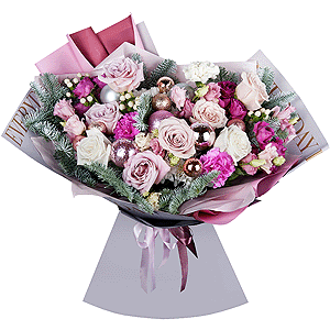 Pink rose 50 cm - 5, Rose Cream 50 cm - 4, White rose 50 cm - 3, Bright pink spray rose mix, 50 cm - 3, Carnation white, cream - 4, Pink Lisianthus (Eustoma) - 4, Pink carnation - 4, Hypericum, Spruce branches (1pc.), Christmas decor (set), Wrapping Paper