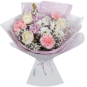 Bacardi White Spray Chrysanthemum - 2, Gypsophila - 1, White rose 50 cm - 3, Pink carnation - 5, Matthiola Lilac - 2, Wrapping Paper