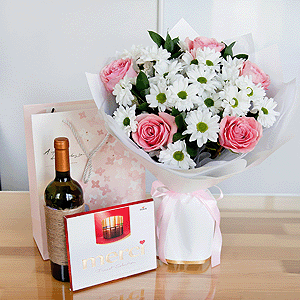 Bacardi White Spray Chrysanthemum - 5, Pink rose 50 cm - 9, Salal, Wrapping Paper, Present bag, Сhocolate box Merci, Non-alcoholic champagne or wine