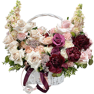 Peonies - 3, Spray rose: white, cream, light pink 50 cm - 8, Rose Powder 50 cm Ecuador (Quicksand, Menta) - 18, Rose Purple 50 cm Ecuador (Deep Water, Deep Purple, Moody Blue) - 4, Rose Pink 50 cm Ecuador (Chelo, Hermosa, Novia, Titanik, Engagement, Pink Mondiale) - 8, Carnation white, cream - 9, White Matthiola - 4, Alstromeria Red, Bright Pink - 6, Pink carnation - 8, Medium Basket, Oasis, Ozotamnus, Pistachio, Ribbon
