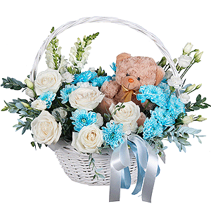 White Matthiola - 2, White rose 50 cm - 9, Chrysanthemum spray Baltica painted blue - 3, White spray carnation - 4, lisianthus - 3, Medium Basket, Oasis, Pistachio, Teddy bear 20 cm, Ribbon