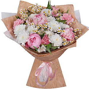 Peony pink - 3, Baltica White Spray Chrysanthemum - 4, Chamomile - 3, Alstromeria white, soft pink - 5, Pink carnation - 5, Wrapping Paper