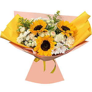 Sunflower - 3, Carnation white, cream - 7, Santini White Spray Chrysanthemum - 4, Alstromeria white, soft pink - 6, Peony sprayrose - 4, White rose 50 cm - 5, Solidago (1 pc.), Wrapping Paper, Ribbon