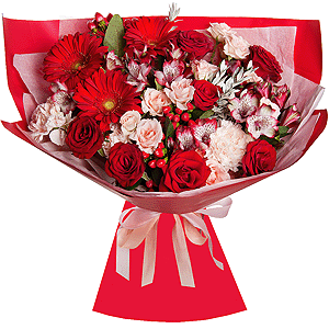 Gerbera red - 3, Red rose 50 cm - 9, Spray rose: white, cream, light pink 50 cm - 4, Alstromeria Red, Bright Pink - 6, Carnation white, cream - 5, Hypericum, Pistachio, Wrapping Paper