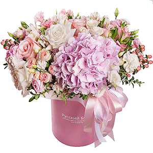 Pink Hydrangea - 1, White rose 50 cm - 5, Pink rose 50 cm - 5, Peony sprayrose - 2, lisianthus - 2, Pink carnation - 10, White spray carnation - 5, Alstromeria white, soft pink - 6, Spray rose: white, cream, light pink 50 cm - 2, Pink Lisianthus (Eustoma) - 1, Round flower box medium, Oasis, Ribbon, Ozotamnus, Hypericum, Pistachio