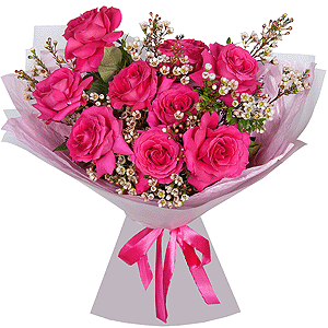 Rose Fuchsia 50 cm Ecuador (Pink Floyd, Topaz, Cherry Lady, Gotcha) - 15, Waxflower (1 pc.), Pistachio, Wrapping Paper