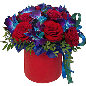 Red rose 50 cm - 25, Orchid Dendrobium - 20, Flask for orchids, Pistachio, Oasis, Round flower box medium, Ribbon