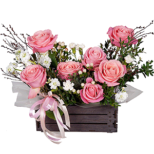 Pink rose 50 cm - 9, White Matthiola - 1, White spray carnation - 3, Wooden pot, Oasis, Wrapping Paper, Pistachio, Hypericum, Artificial branch