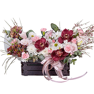 Pink Cymbidium Orchid Bud - 3, Baltica White Spray Chrysanthemum - 1, Pink Lisianthus (Eustoma) - 3, Pink spray carnation - 3, White Delphinium - 2, Bacardi White Spray Chrysanthemum - 1, Wooden pot, Oasis, Wrapping Paper, Flask for orchids, Eucalyptus, Genista