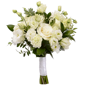 White rose 50 cm - 7, lisianthus - 6, Ruscus, Pistachio, Ribbon