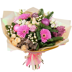 Purple gerbera - 4, lisianthus - 3, Spray rose: white, cream, light pink 50 cm - 3, Pink rose 50 cm - 5, Aspidistra (1 pc.), Hypericum, Decorative element medium, Wrapping Paper, Spruce branches (1pc.), Christmas decor (set)