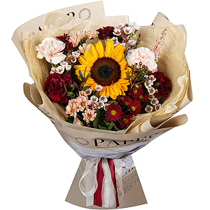 Sunflower - 1, Daisy poms Santini pink, purple - 6, Carnation red - 5, Carnation white, cream - 4, Waxflower (1 pc.), Astilbe, Pistachio, Wrapping Paper