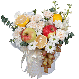 Bacardi White Spray Chrysanthemum - 2, Peony sprayrose - 2, White Matthiola - 1, Alstromeria white, soft pink - 3, Round flower box small , Oasis, Eucalyptus Cinerea, Lemon, 1 pc., Apple, 1 pc., Grapes, Wooden skewer, Ribbon