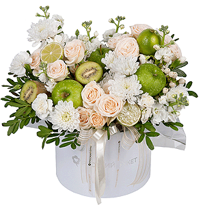 Baltica White Spray Chrysanthemum - 3, Peony sprayrose - 3, White Matthiola - 2, White spray carnation - 3, Round flower box medium, Oasis, Pistachio, Hypericum, Apple, 1 pc., Kiwi, Lemon, 1 pc., Wrapping Paper