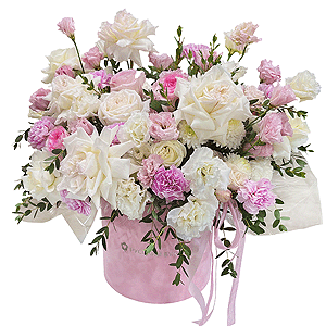 White rose 50 cm Ecuador - 5, Pink carnation - 29, Pink Lisianthus (Eustoma) - 7, Baltica White Spray Chrysanthemum - 3, Peony sprayrose - 1, Pink rose 50 cm - 3, Peony style roses - 5, Round flower box medium, Oasis, Eucalyptus, Ribbon