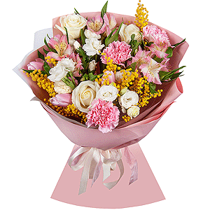 White rose 50 cm - 3, Alstromeria white, soft pink - 3, White spray carnation - 1, lisianthus - 1, Pink tulip - 11, Mimosa - 1, Pink carnation - 7, Wrapping Paper